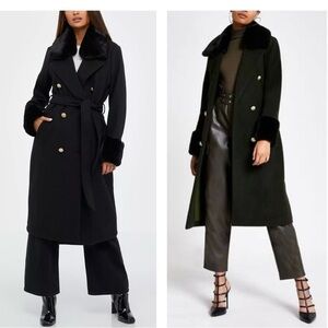 River Island Black Villanelle Coat Long w/ Faux Fur & Detachable Collar